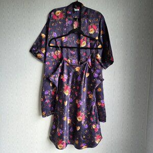 Vintage Gabrielle Intimates Large Floral Chemise Slip Dress and Robe Set Satin